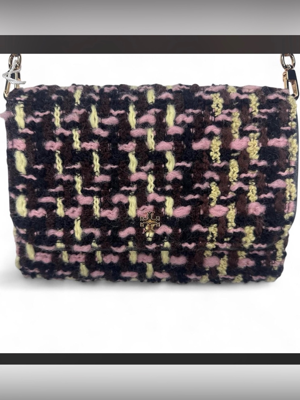 Tory Burch Tweed Flap Shoulder Bag in Pink, Black & Yellow-Green